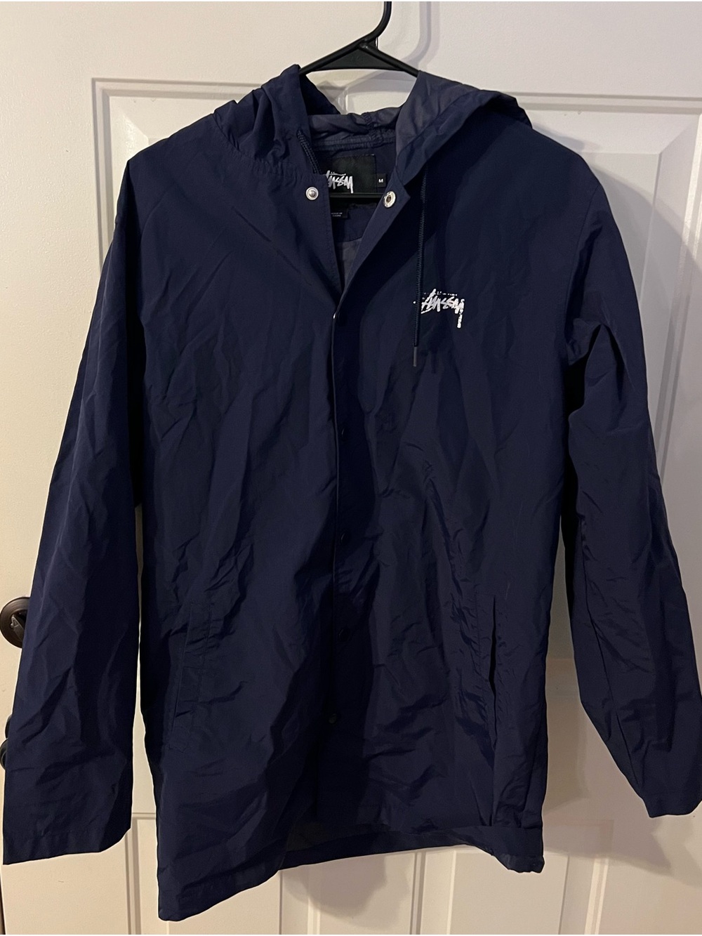 Stussy Men’s Blue Hooded Windbreaker Jacket Logo Back Graphic Snap Front M
